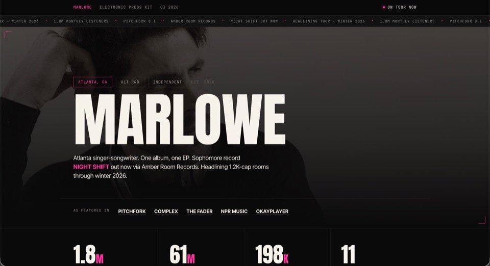 Dark editorial EPK template for a musician or DJ, with bold headlines and hot-pink accents